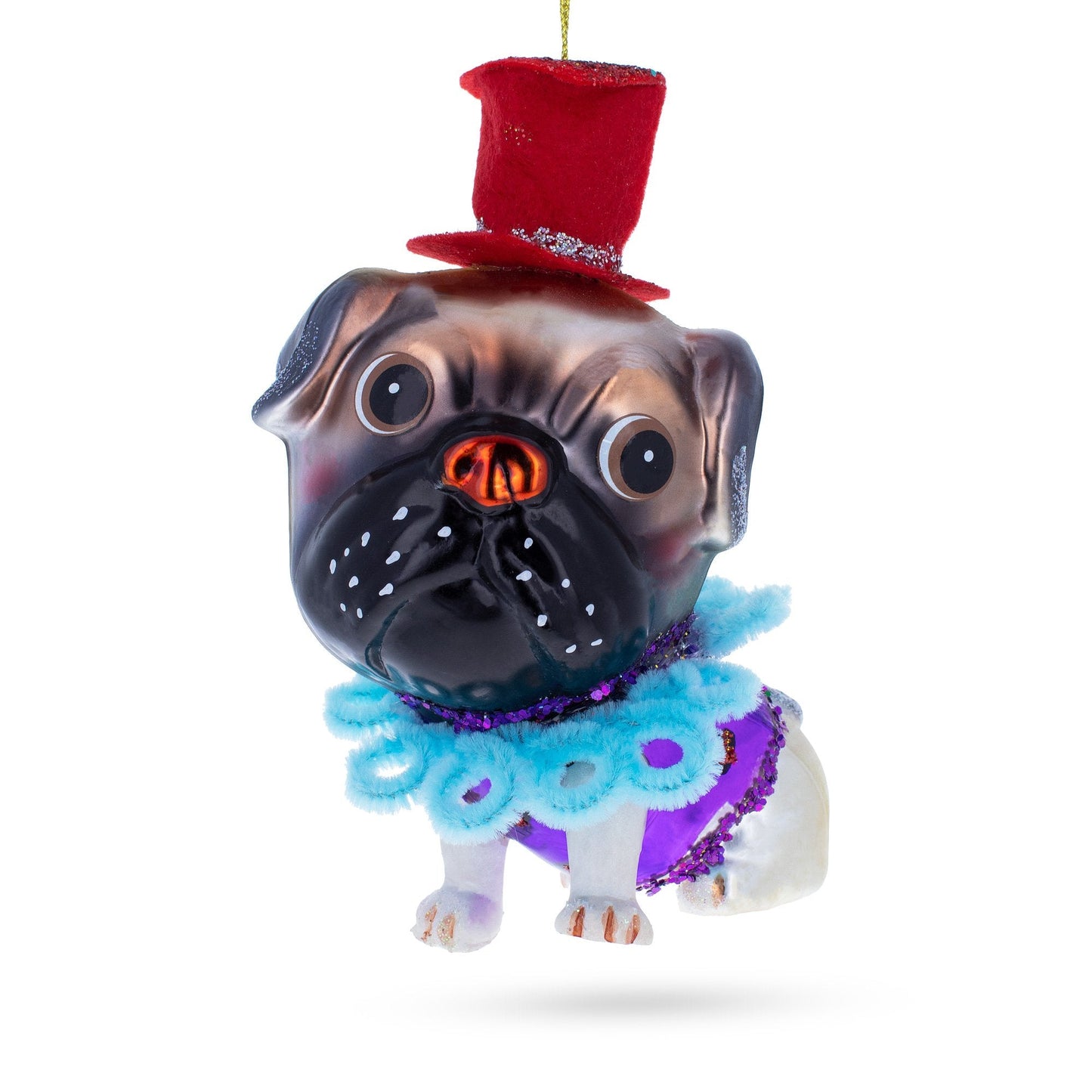 Pug in a Festive Red Hat Blown Glass Christmas Ornament