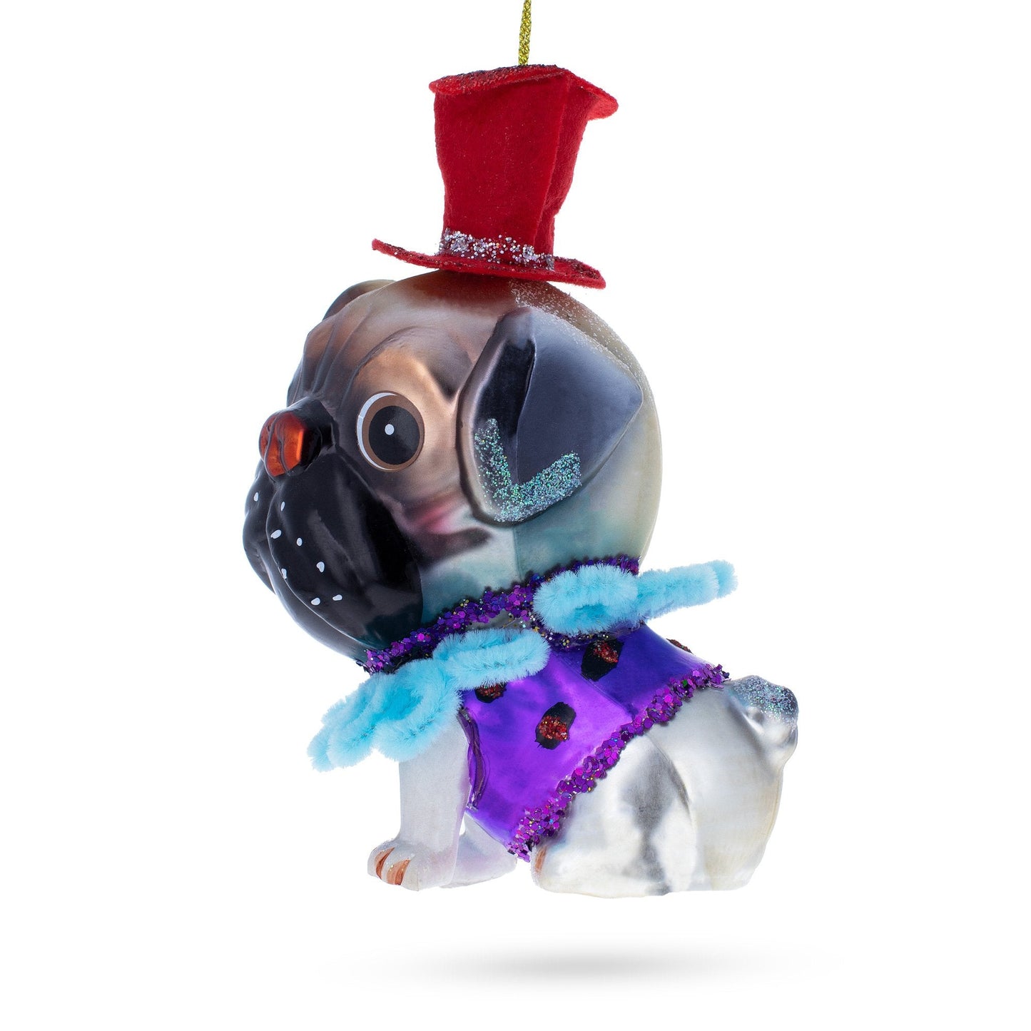 Pug in a Festive Red Hat Blown Glass Christmas Ornament