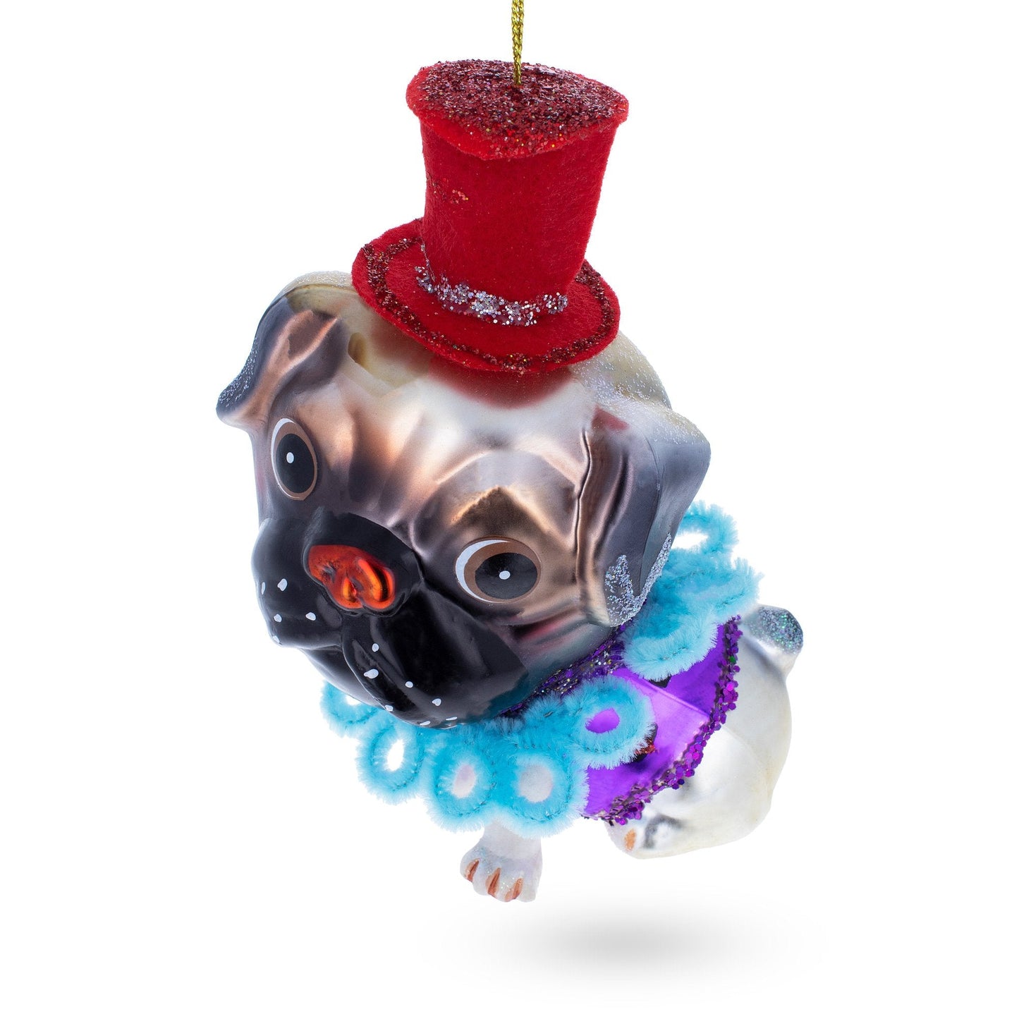 Pug in a Festive Red Hat Blown Glass Christmas Ornament