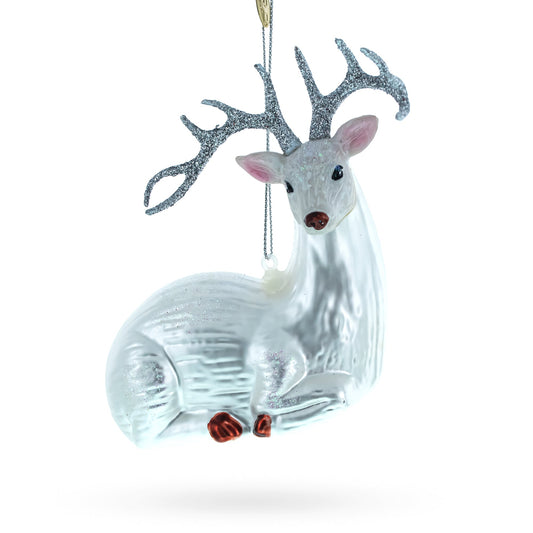 White Deer Blown Glass Christmas Ornament