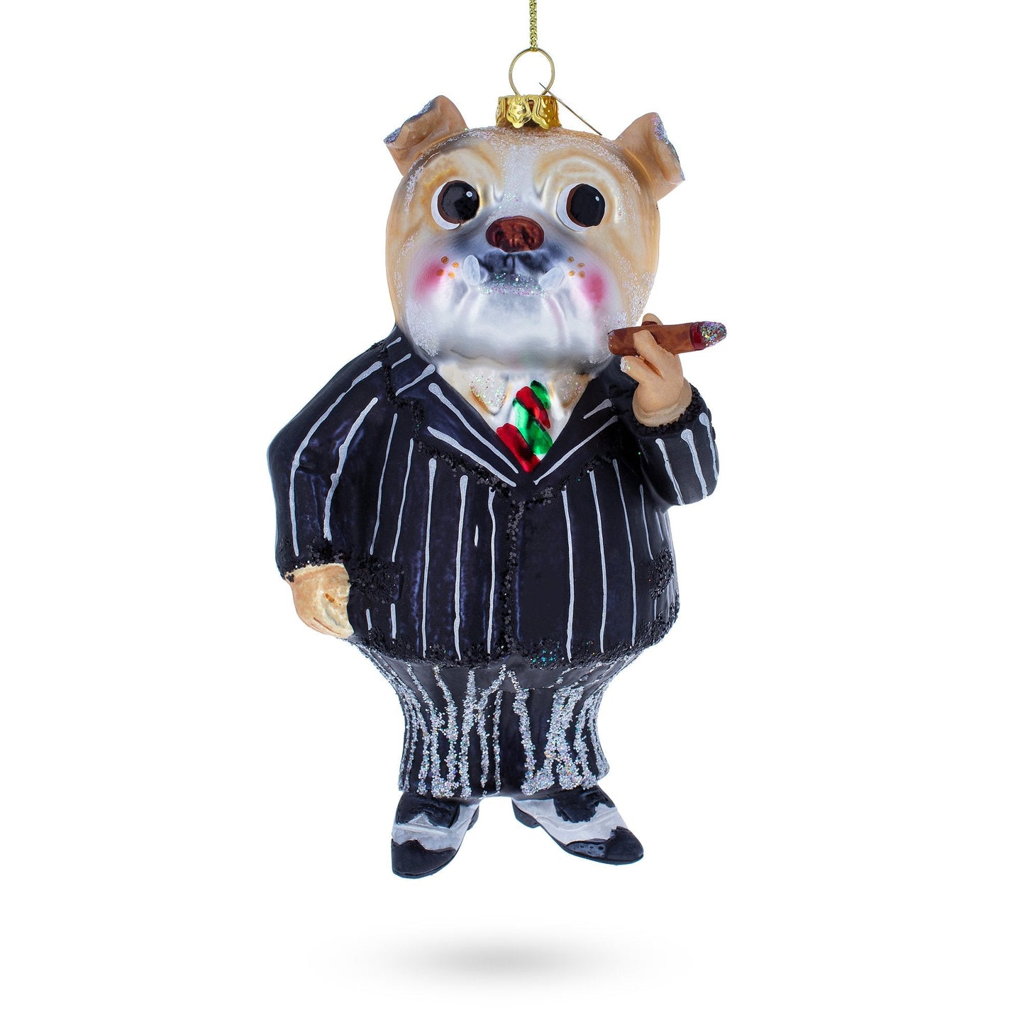 Dapper Bulldog in Suit with Cigar Glass Christmas Ornament