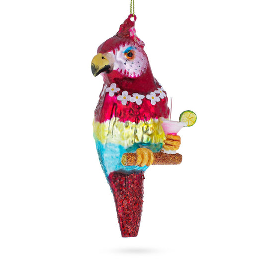 Vibrant Parrot with Drink Blown Glass Christmas Ornament