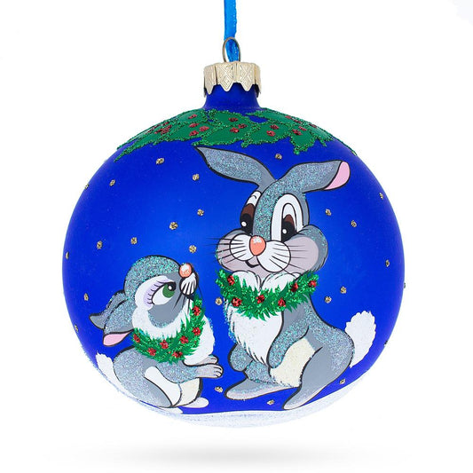 Two Bunnies Glass Blown Ball Christmas Ornament 4 Inches