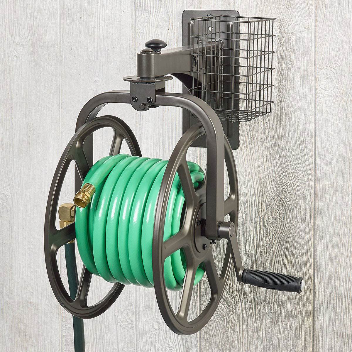 Liberty Garden Single Arm Navigator Rotating Garden Hose Reel w/ Storage Basket