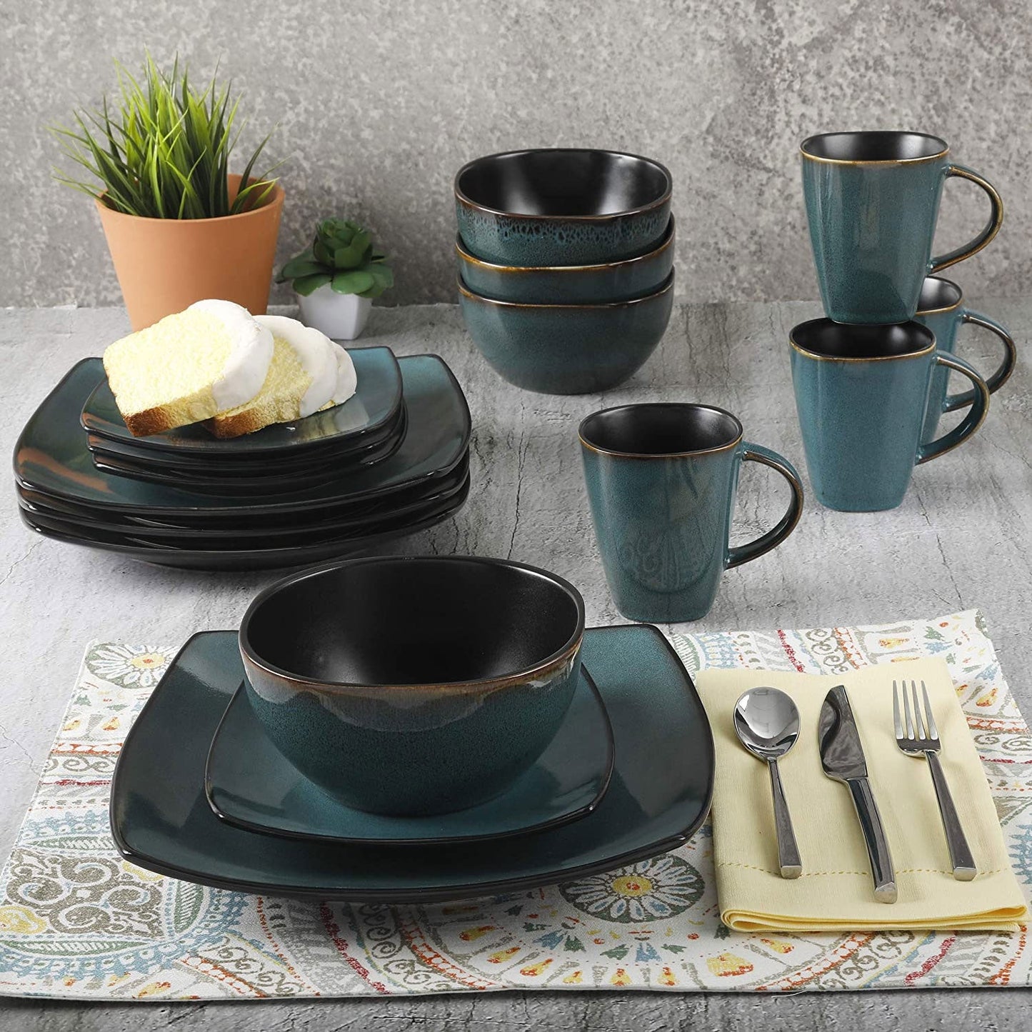 Gibson Elite Soho Lounge 16 Piece Plates, Bowls, & Mugs Dinnerware Set, Teal