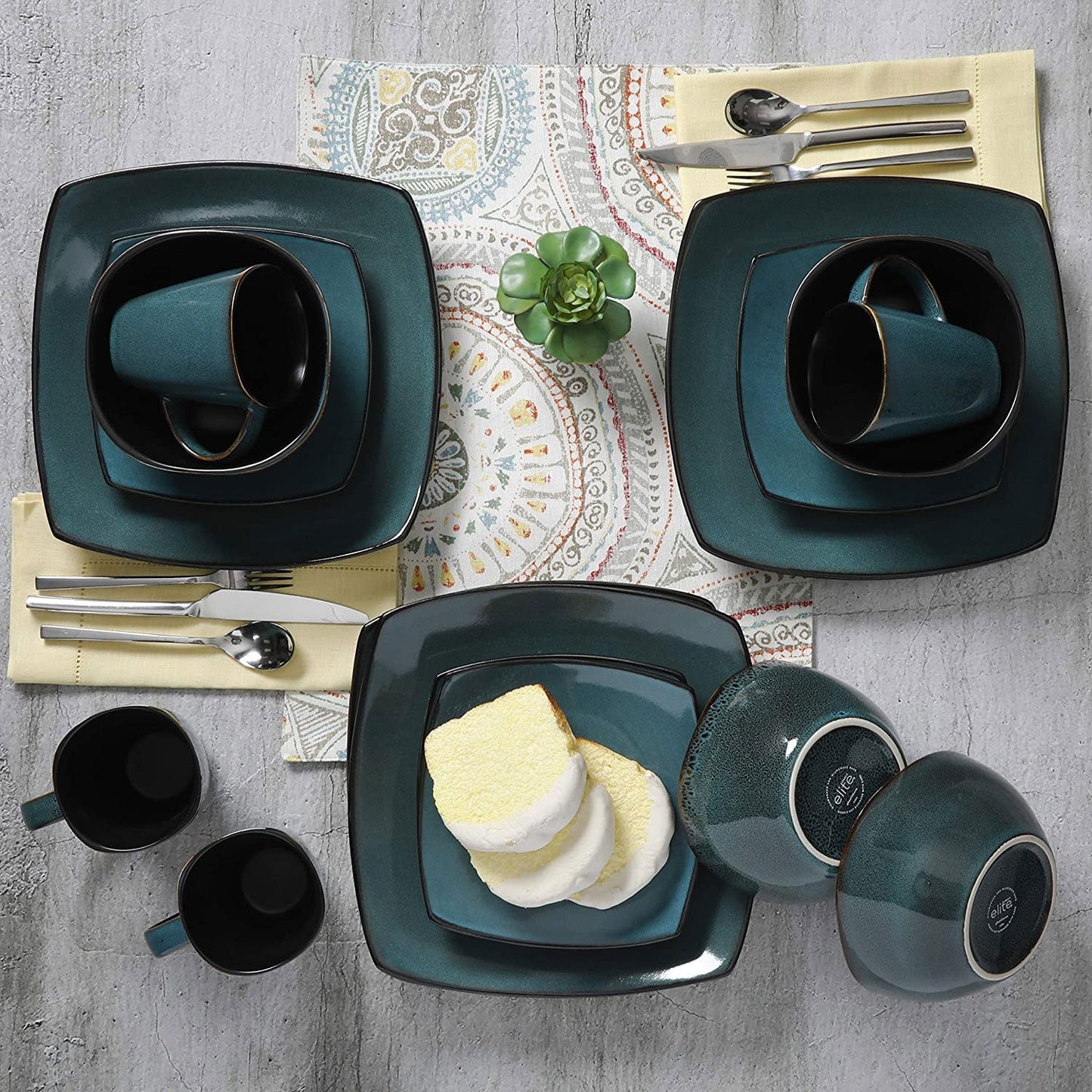 Gibson Elite Soho Lounge 16 Piece Plates, Bowls, & Mugs Dinnerware Set, Teal