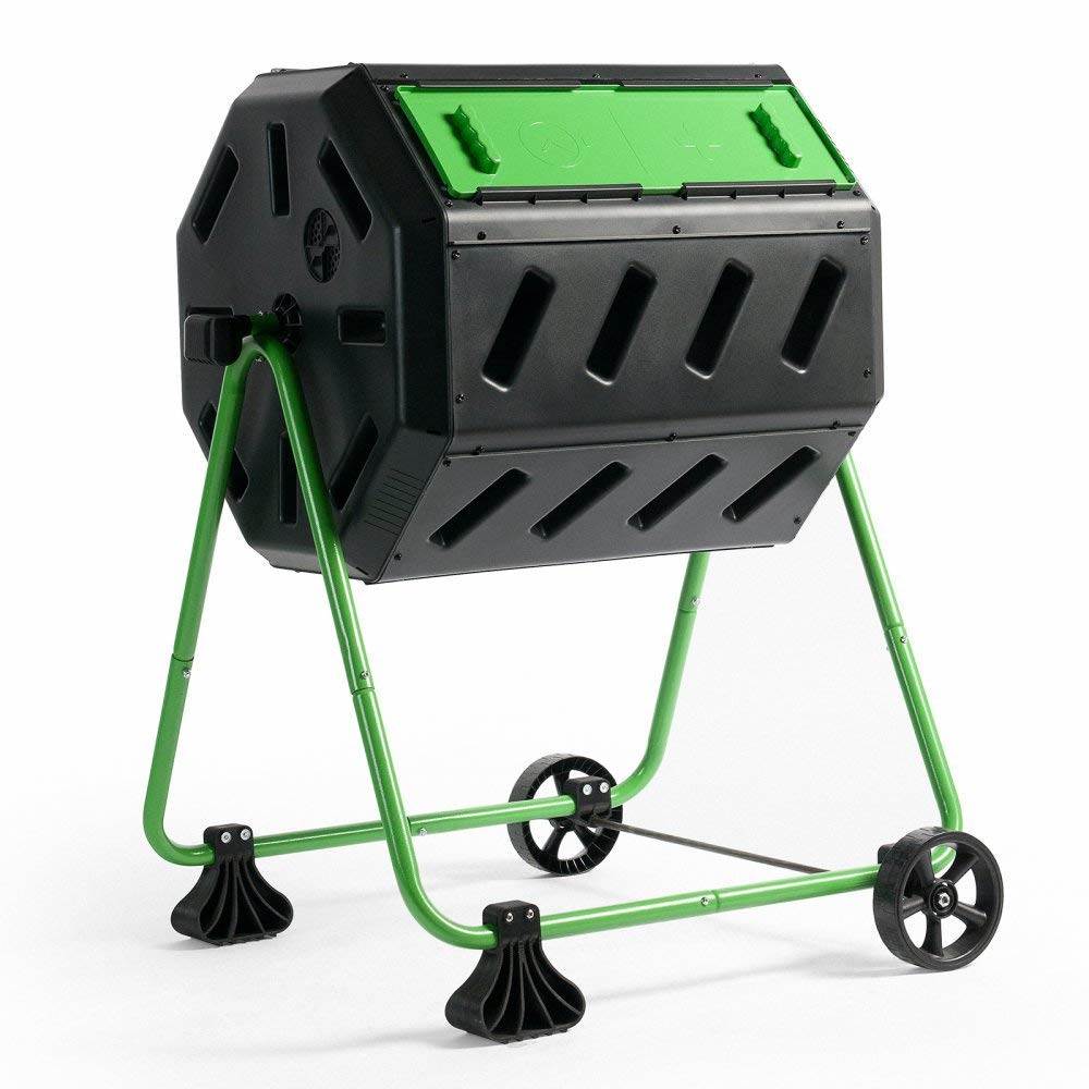 FCMP Outdoor HOTFROG 37 Gallon Dual Chamber Tumbling Composter Bin, Green