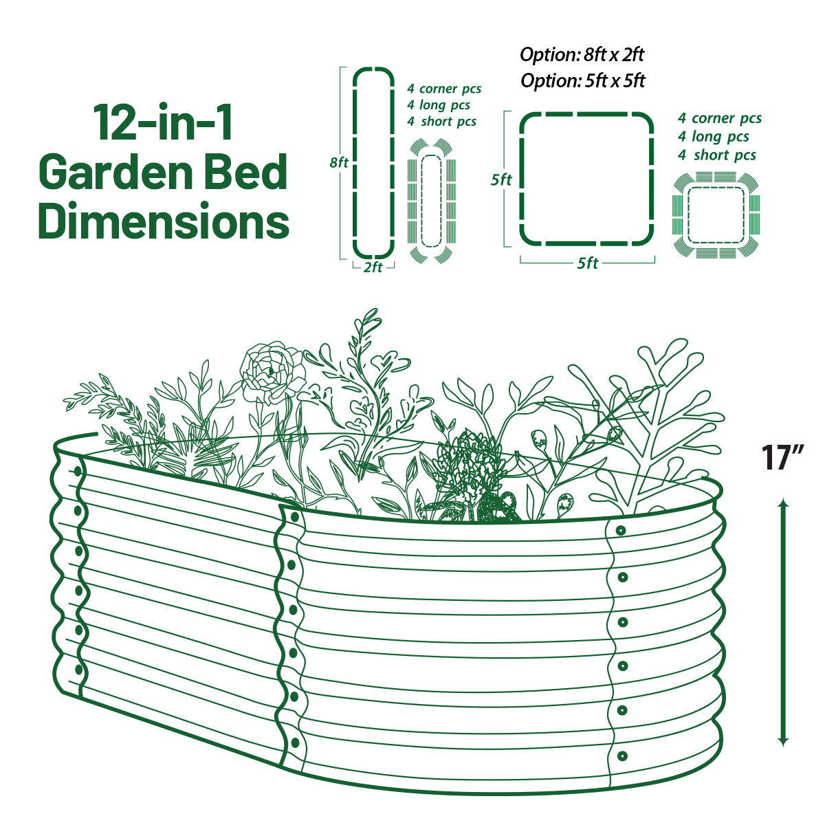 17" Tall, 12-in-1 Galvanized Raised Garden Bed in Sage Green