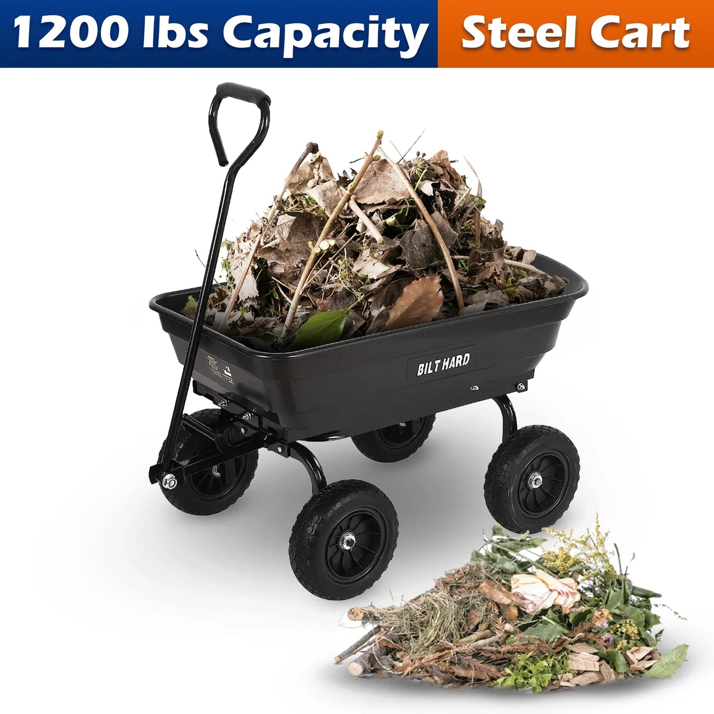 BILT HARD 7 Cu.Ft. 13 No-Flat Tires Poly Yard Dump Cart with 2-in-1 Convertible Handle, 1200 lbs Capacity Heavy Duty Garden Carts and Wagons Black