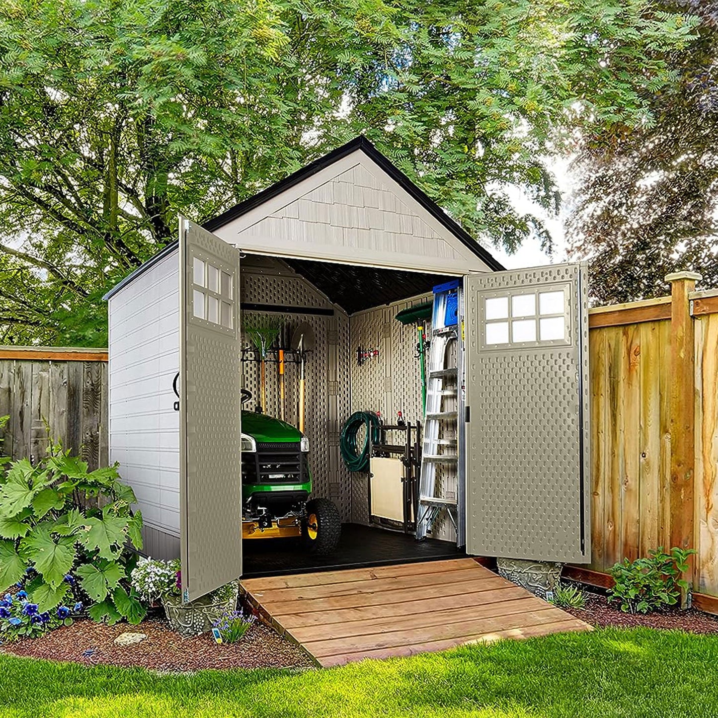 Rubbermaid 7x7 Ft Durable Weatherproof Resin Outdoor Storage Shed, Sand (2 Pack)