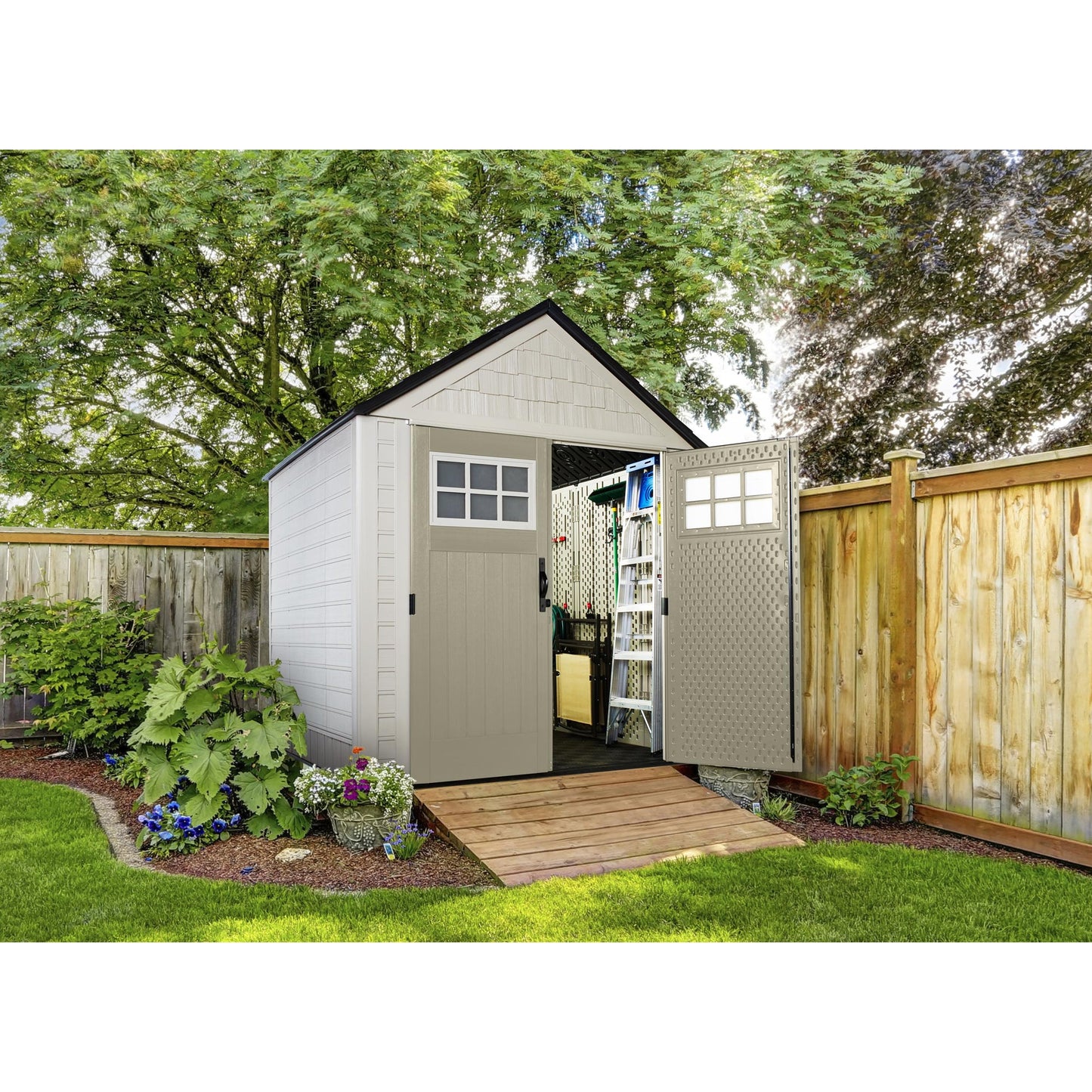 Rubbermaid 7x7 Ft Durable Weatherproof Resin Outdoor Storage Shed, Sand (2 Pack)