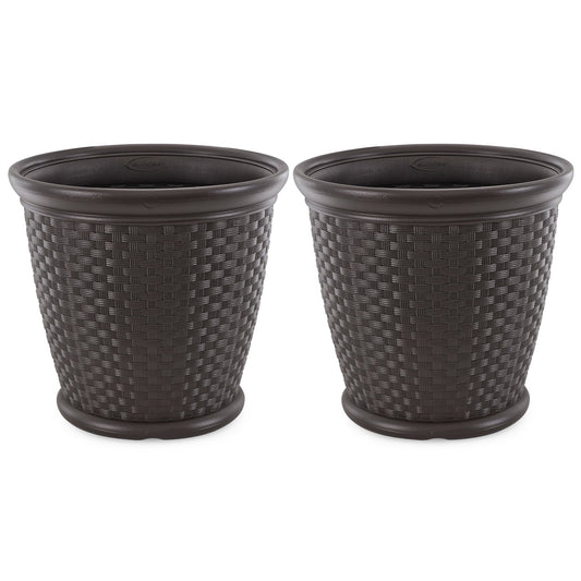 Suncast Sonora 22 Inch Resin Wicker Decorative Garden Planter, Java (2 Pack)