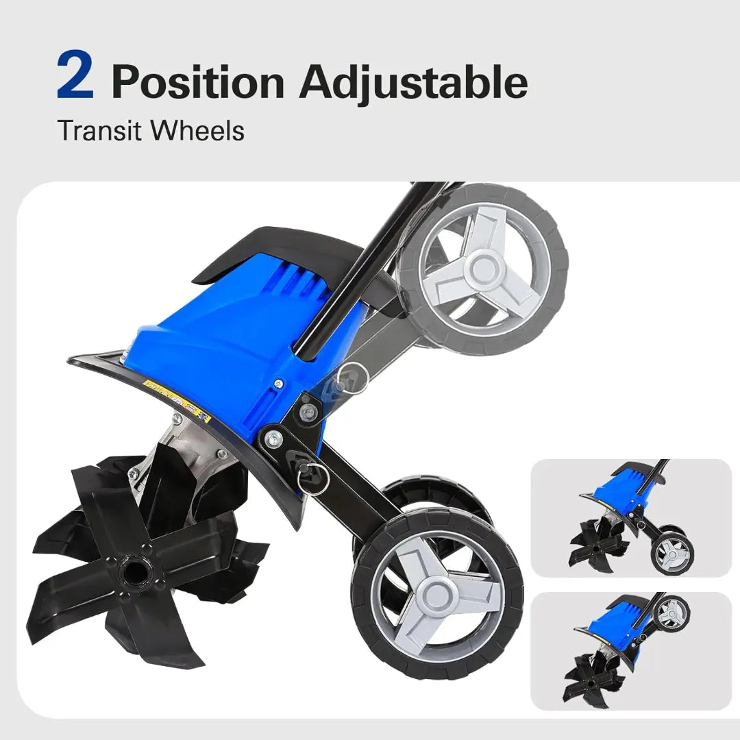 14-inch Tiller Cultivator with 10 Amp Motor, 4 Steel Tines, Foldable Design for Gardening. Electric Garden Rototiller with Adjustable Wheels.