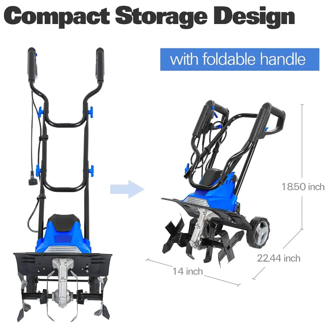 14-inch Tiller Cultivator with 10 Amp Motor, 4 Steel Tines, Foldable Design for Gardening. Electric Garden Rototiller with Adjustable Wheels.