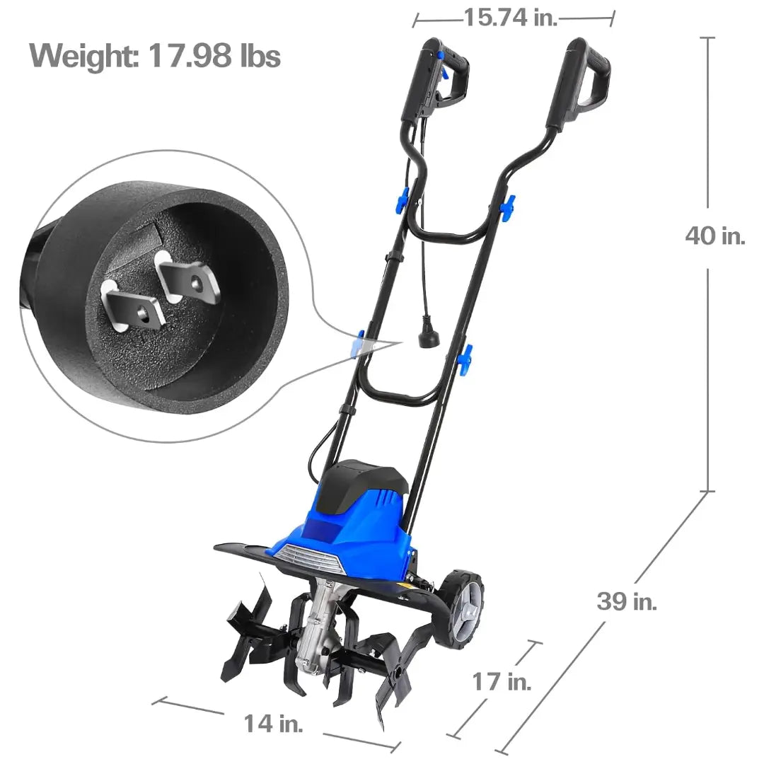 14-inch Tiller Cultivator with 10 Amp Motor, 4 Steel Tines, Foldable Design for Gardening. Electric Garden Rototiller with Adjustable Wheels.