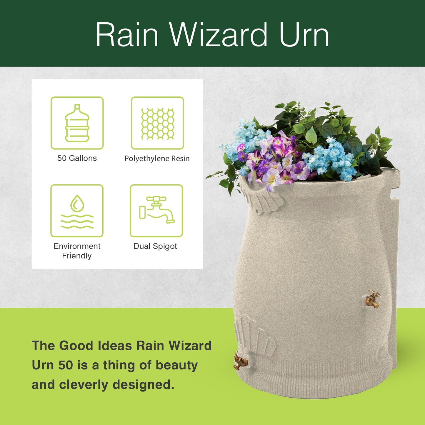 Good Ideas RWURN50-SAN 50 Gallon Rain Water Saver Wizard Barrel Urn, Sandstone