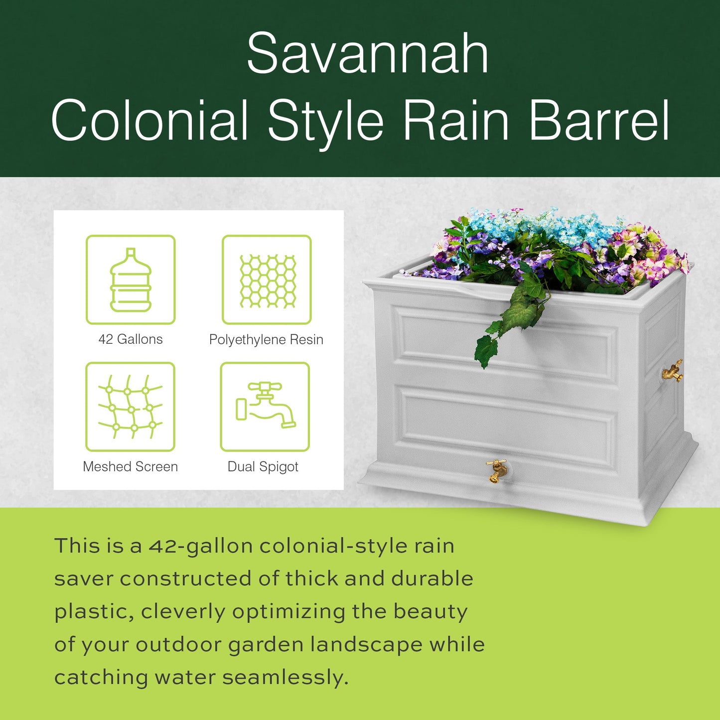 Good Ideas Savannah 42 Gallon Colonial Style Rain Barrel Planter w/Brass Spigots