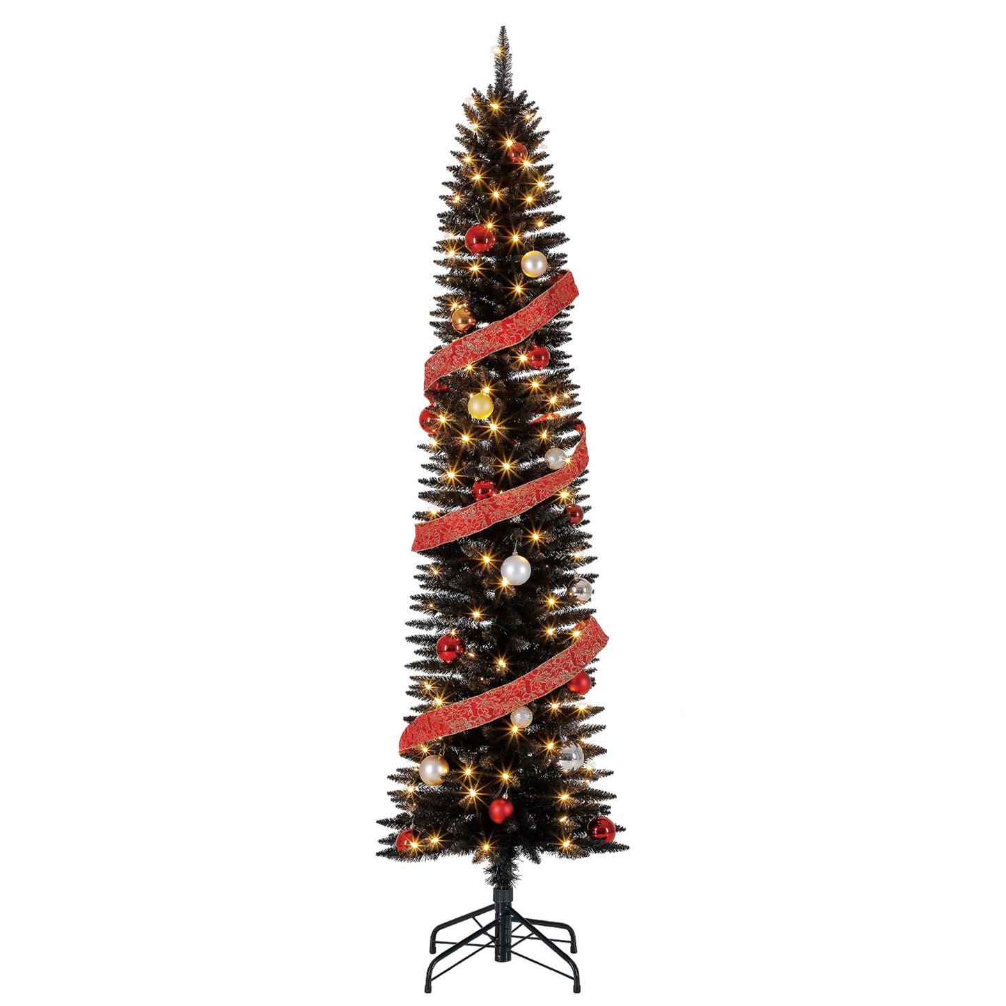 Home Heritage Tinsel 7' Pencil 150 LED Pre-Lit Artificial Christmas Tree, Black