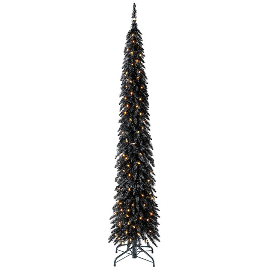 Home Heritage Tinsel 7' Pencil 150 LED Pre-Lit Artificial Christmas Tree, Black