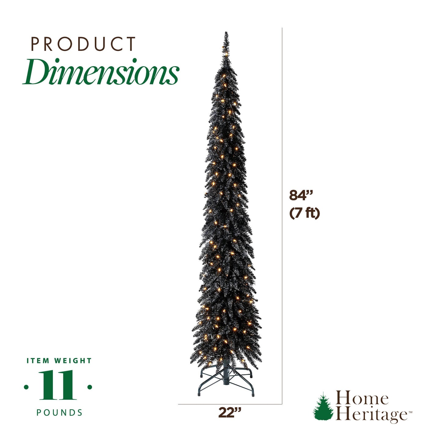 Home Heritage Tinsel 7' Pencil 150 LED Pre-Lit Artificial Christmas Tree, Black