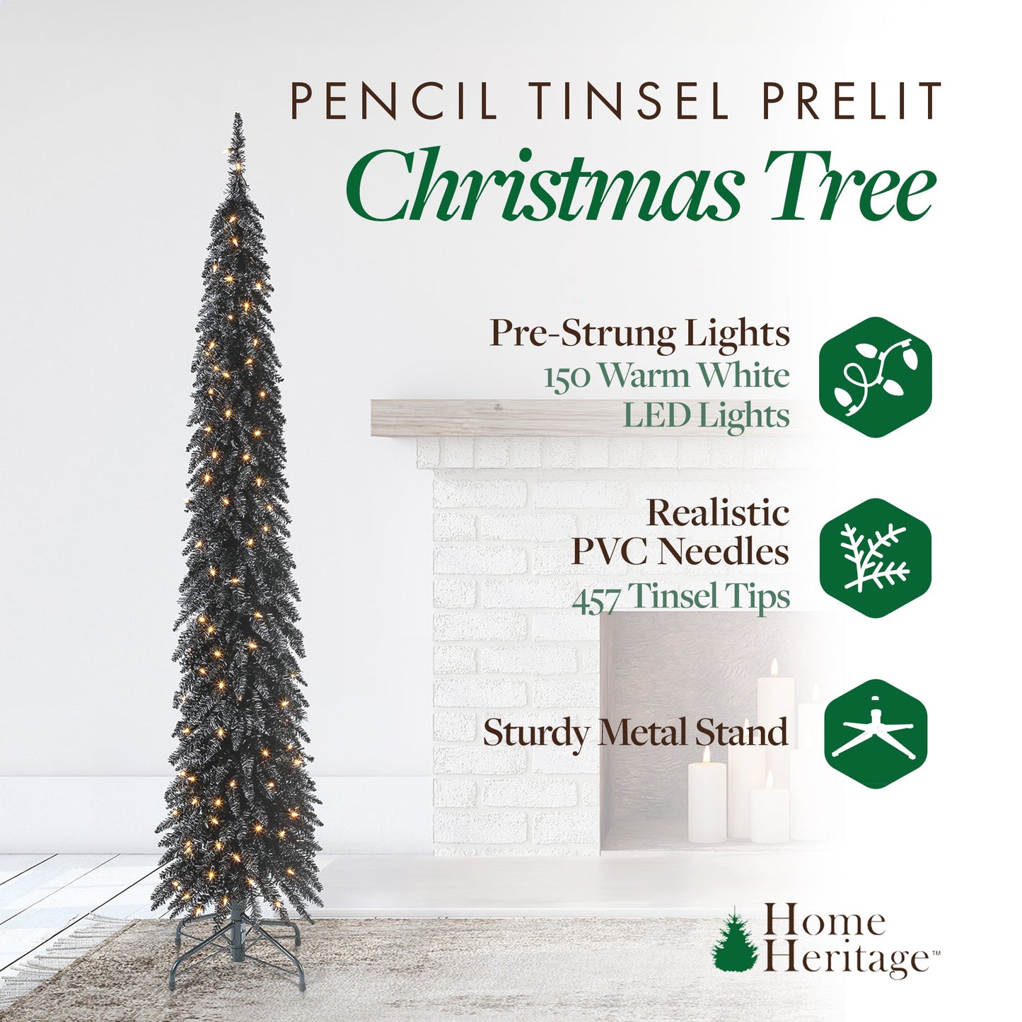 Home Heritage Tinsel 7' Pencil 150 LED Pre-Lit Artificial Christmas Tree, Black