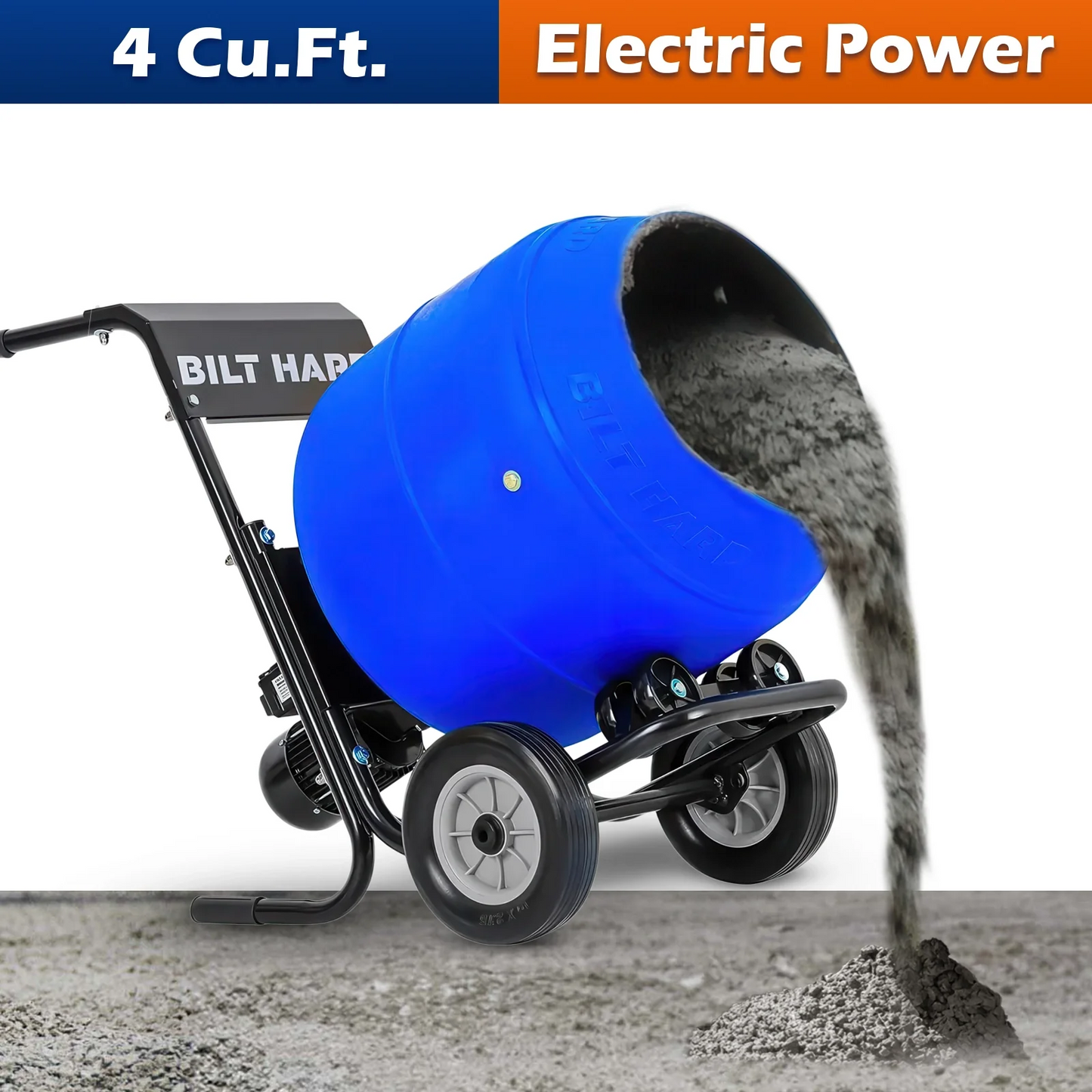 BILT HARD Electric Cement Mixer, 4 Cu.Ft. Poly Drum Concrete Mixer Heavy Duty, Portable Power Cement Mixing Tools for Stucco, Mortar, Fodder