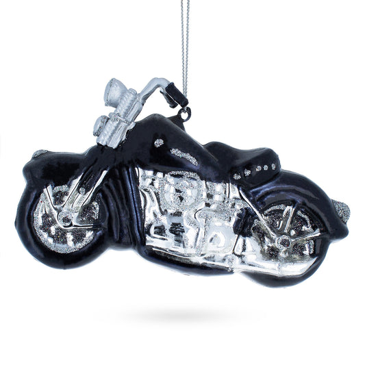 Black Motorcycle Blown Glass Christmas Ornament