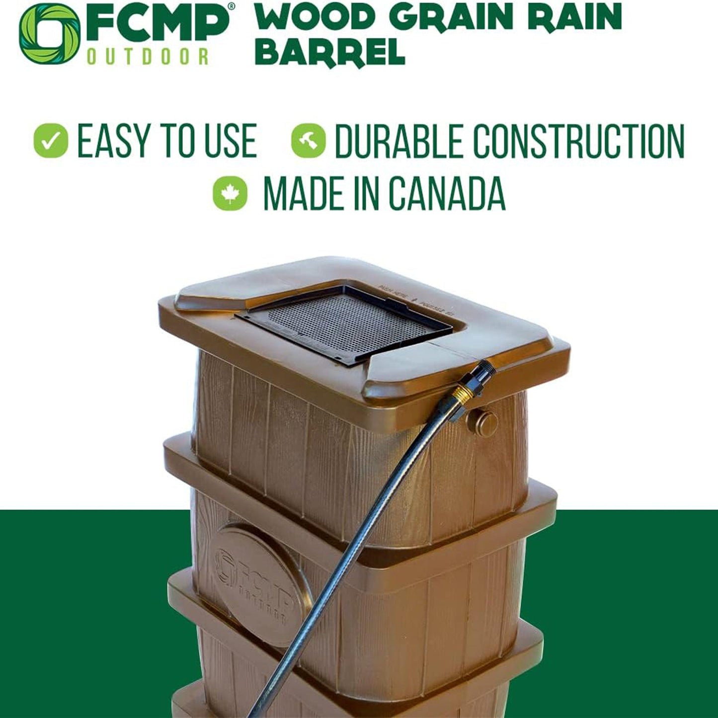 FCMP Outdoor WG4000-GRY Home Outdoor Wood Grain Rain Water Catcher Barrel, Gray