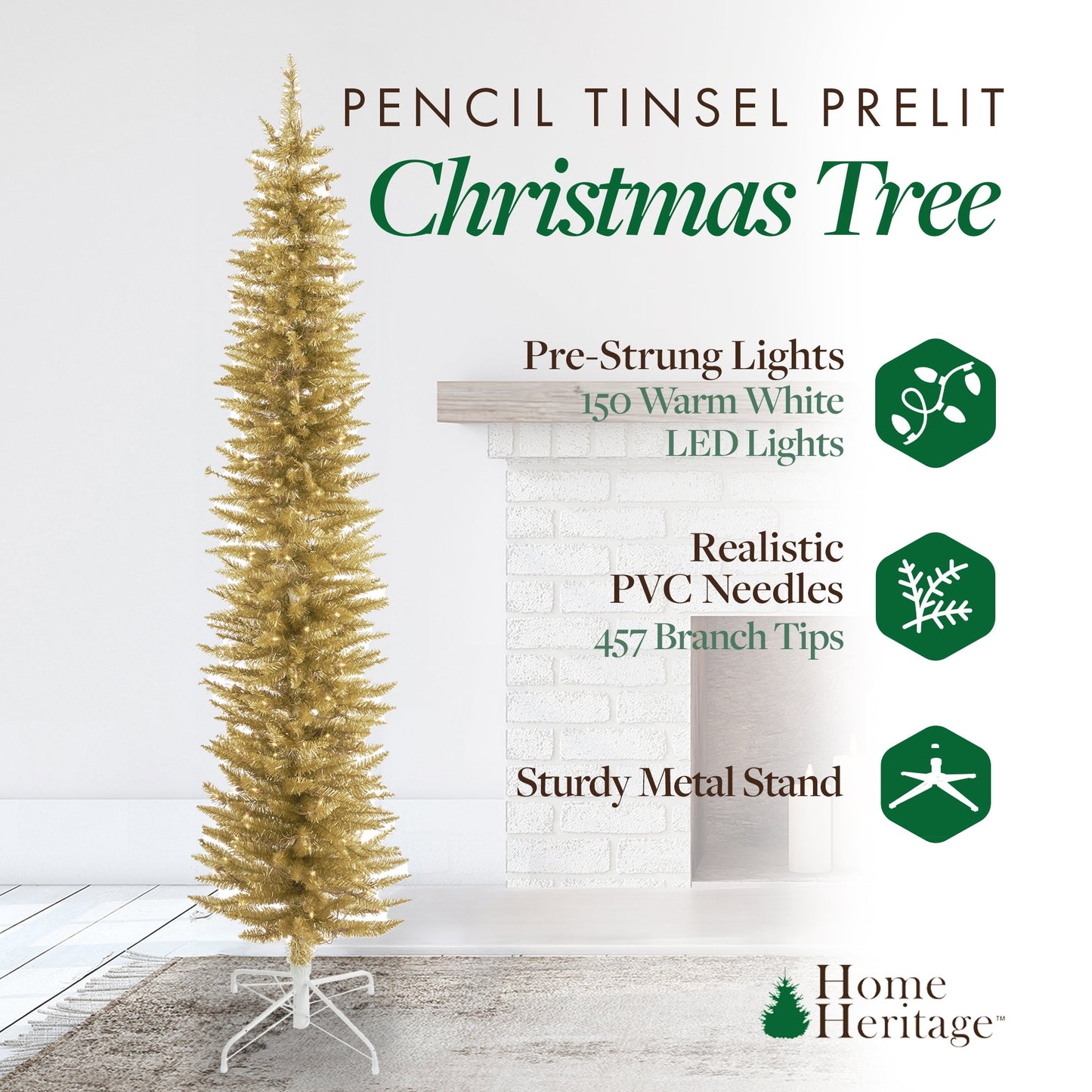 Home Heritage Tinsel 7' Pencil 150 LED Pre-Lit Artificial Christmas Tree, Gold