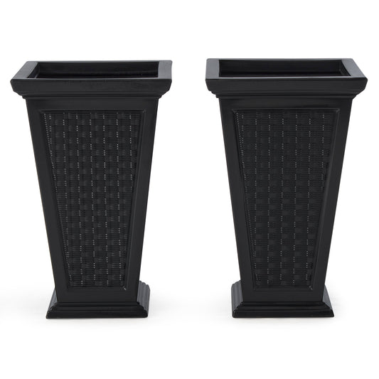 FCMP Outdoor Wicker Pattern Resin 24" Self-Watering Pedestal Taper Planter, 2 Pk