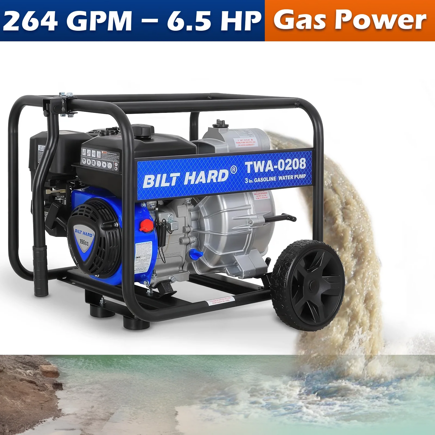 BILT HARD Trash Pump 3 inch, 264 GPM 6.5HP Gas Powered Full Trash Water Pump with Handle and Wheels, 50 ft Discharge Hose, 15 ft Suction Hose with Complete Fittings