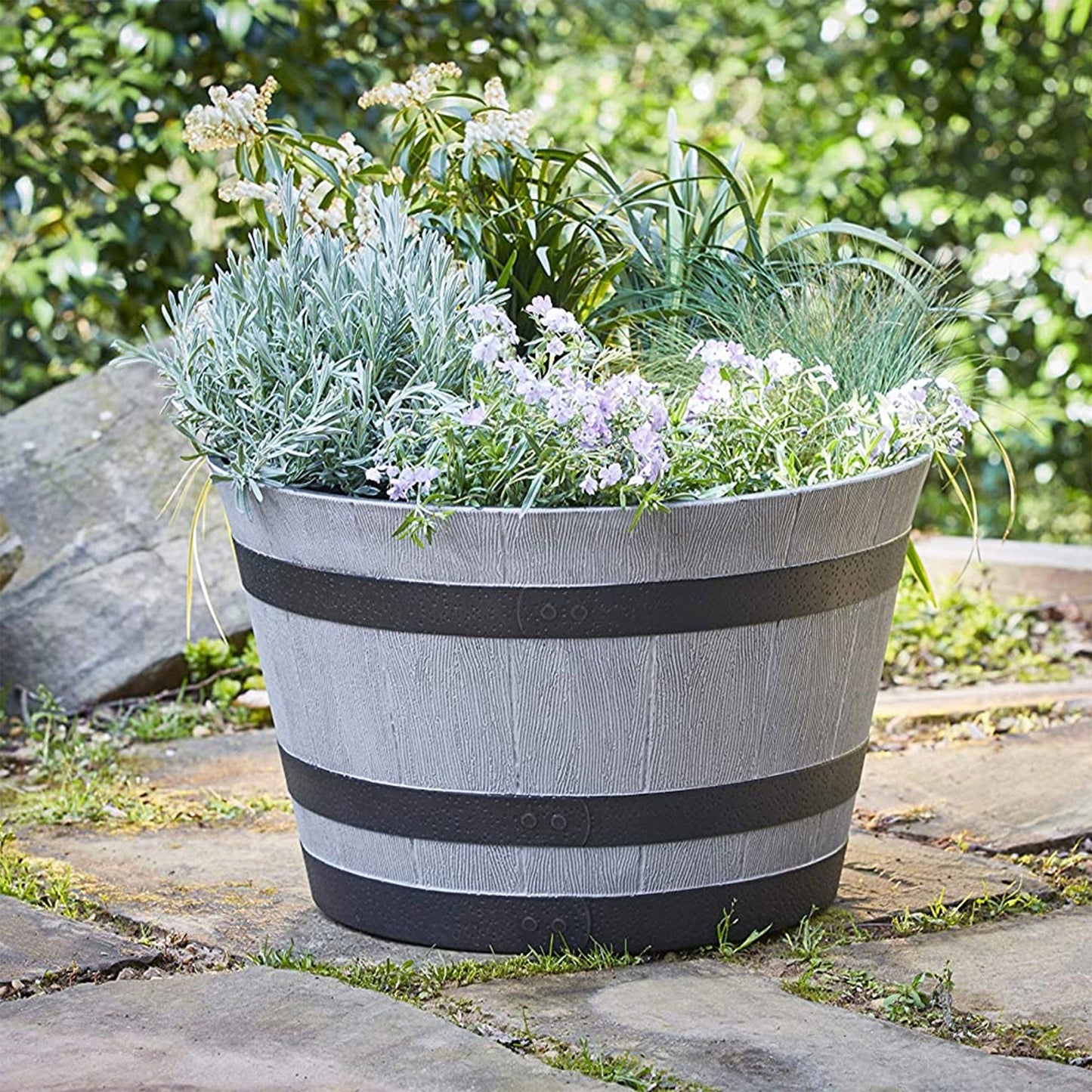 Southern Patio HDR-055457 Resin Whiskey Barrel Outdoor Garden Planter Pot, Gray