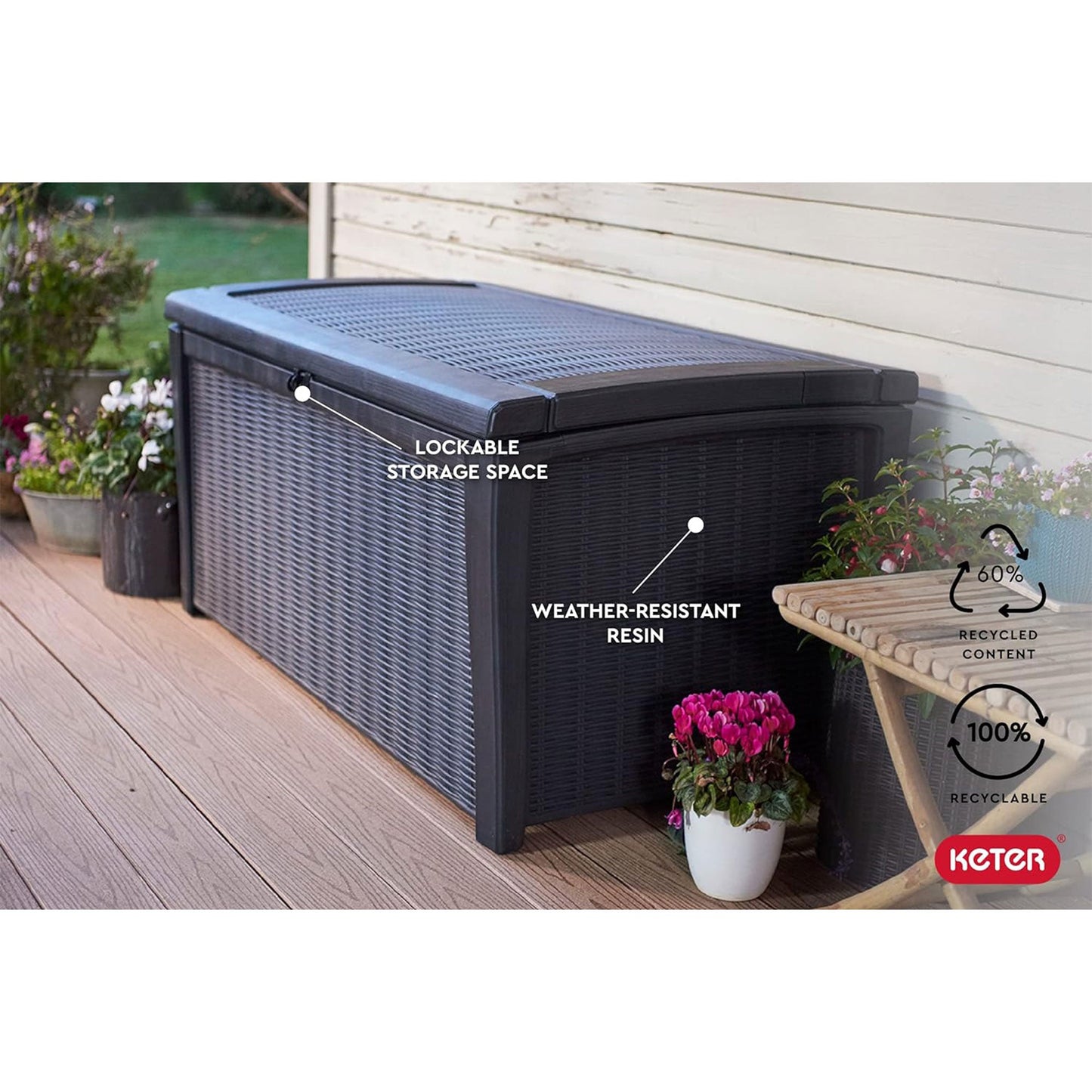 Keter Borneo 110 Gallon Rattan Wicker Resin Patio Deck Storage Box Bench, Grey