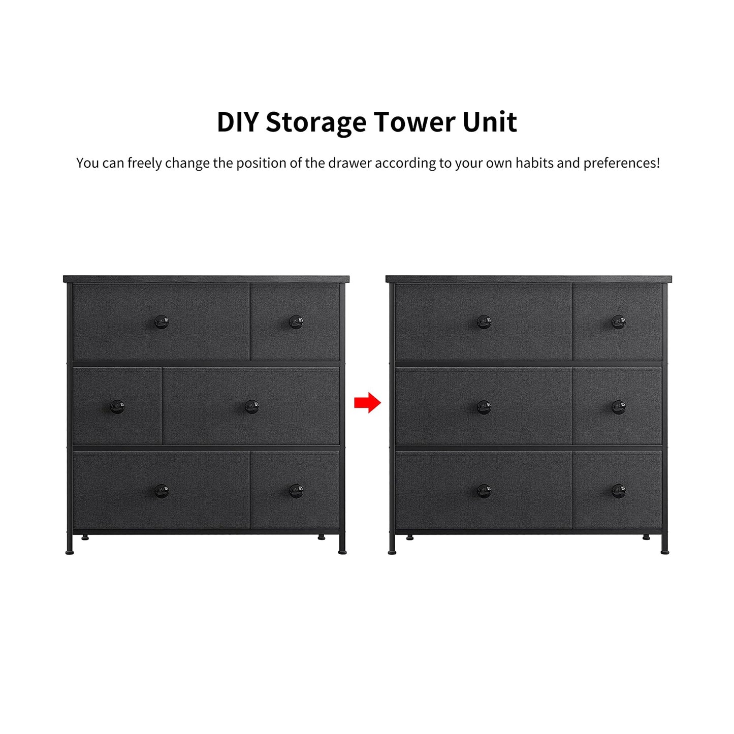 REAHOME 6 Drawer Steel Frame Bedroom Storage Organizer Chest Dresser, Black Grey