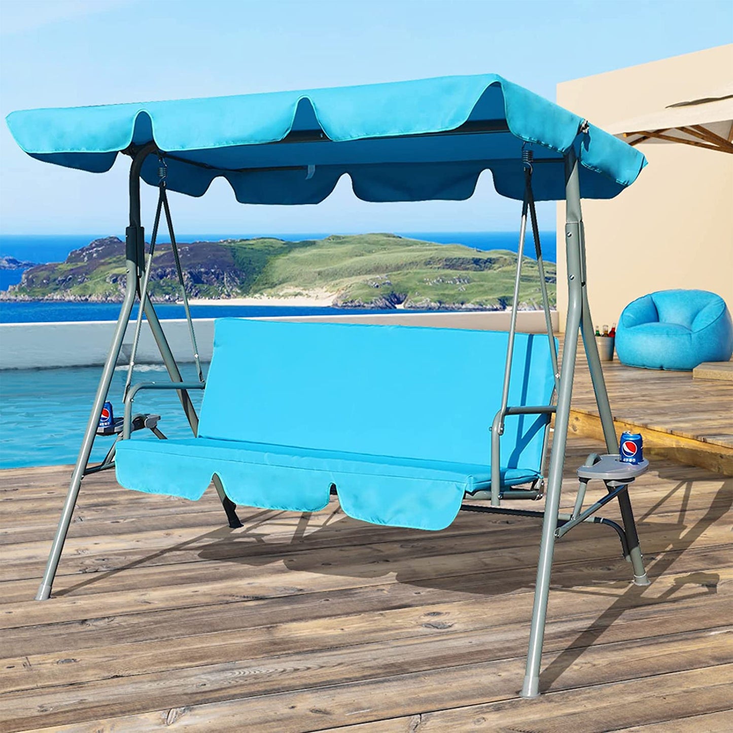 GOLDSUN 3 Person Swing Hammock w/Utility Tray, Removable Cushion & Canopy, Blue