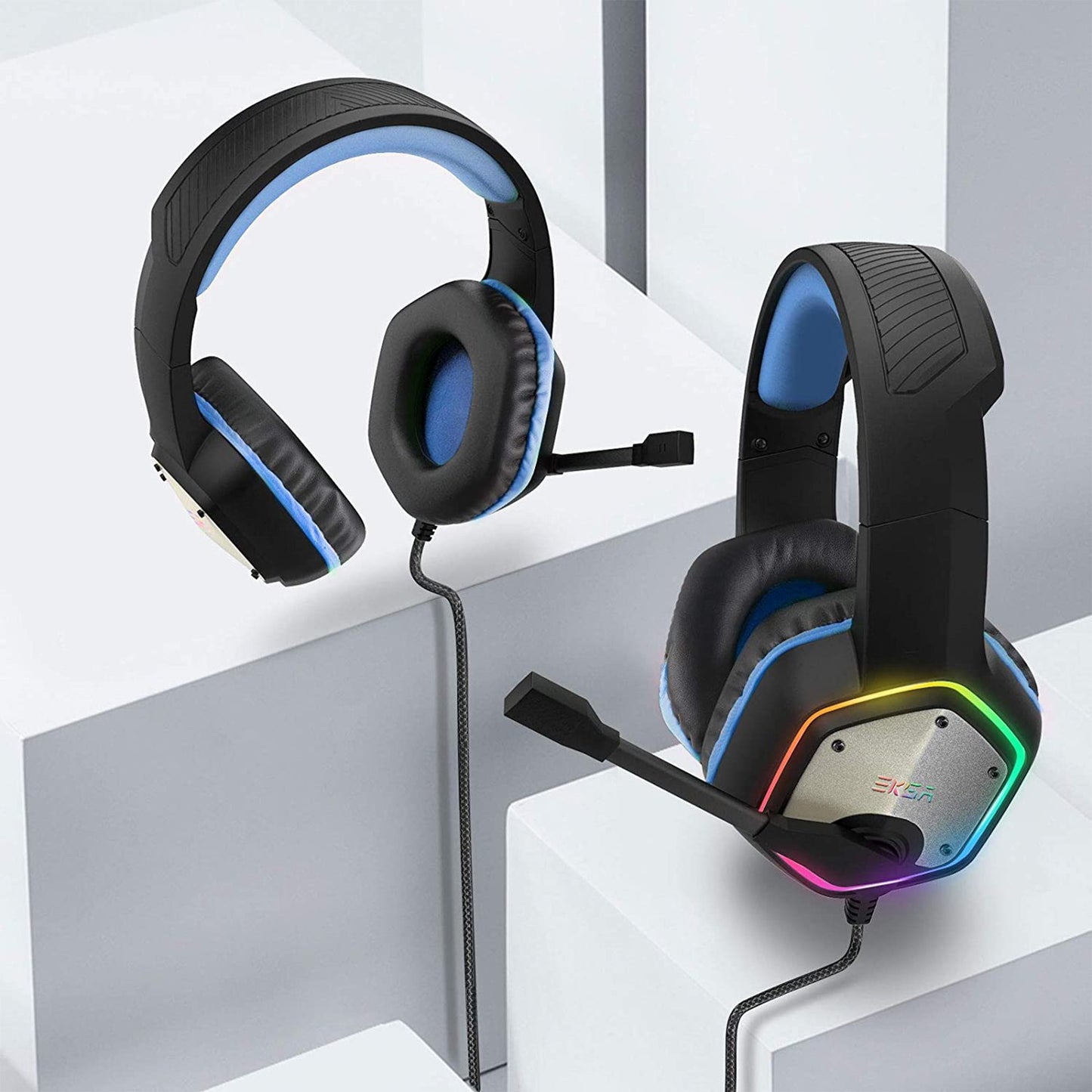 EKSA RGB Plug In USB Gaming Headset for PC, PS4, and PS5 with Microphone, Blue