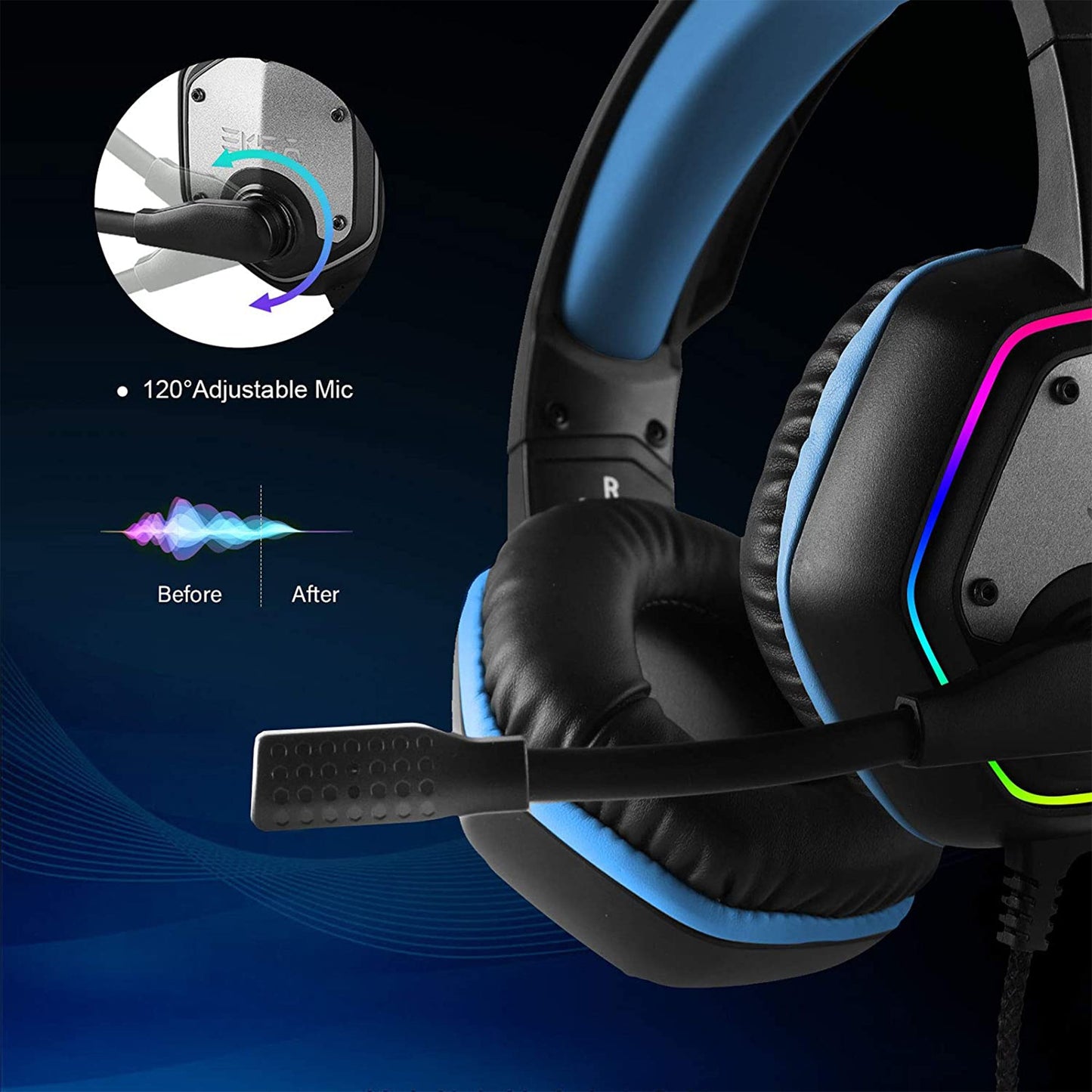 EKSA RGB Plug In USB Gaming Headset for PC, PS4, and PS5 with Microphone, Blue