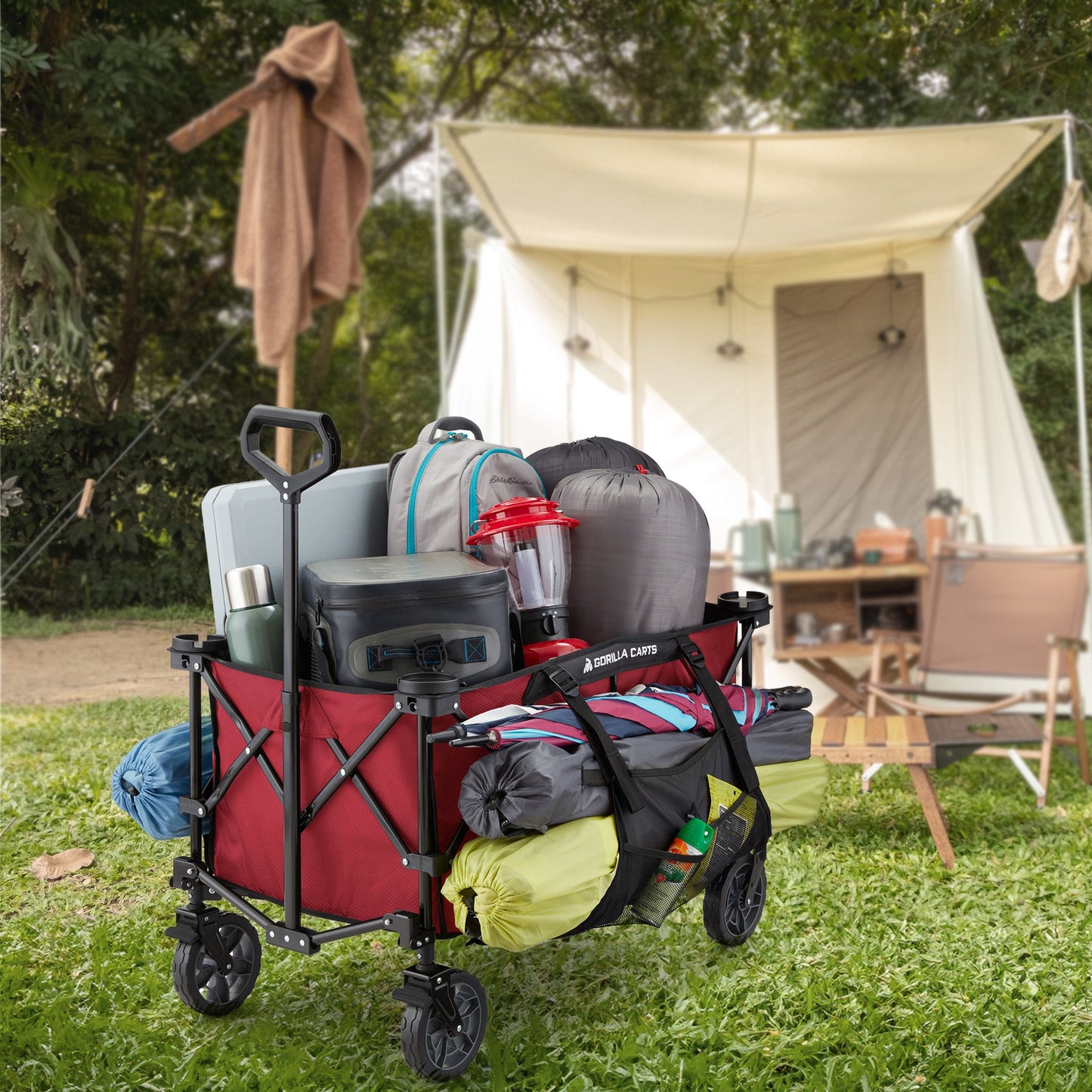 Gorilla Carts 7 Cubic Feet Foldable Utility Beach Wagon with Oversized Bed, Red