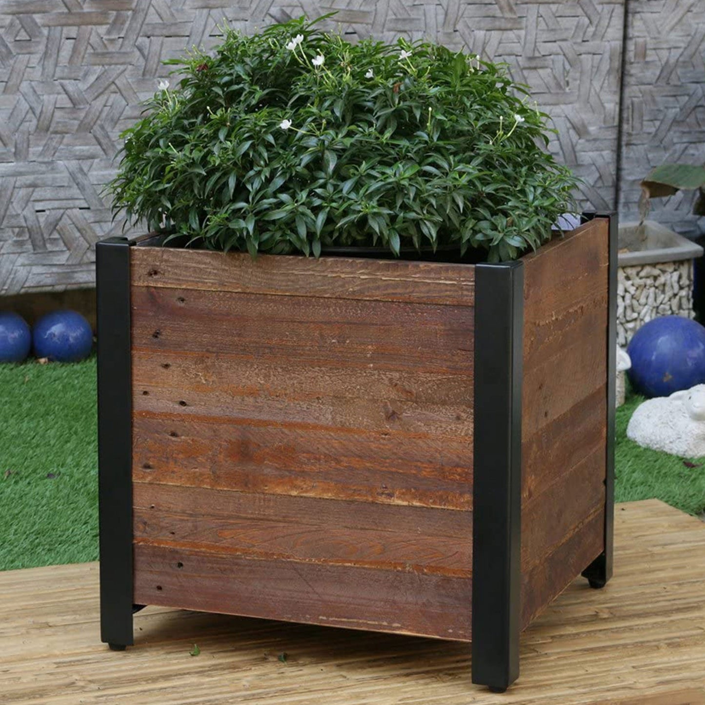 Grapevine 17.2 Inch Wooden Square Urban Raised Garden Planter Box with Liner