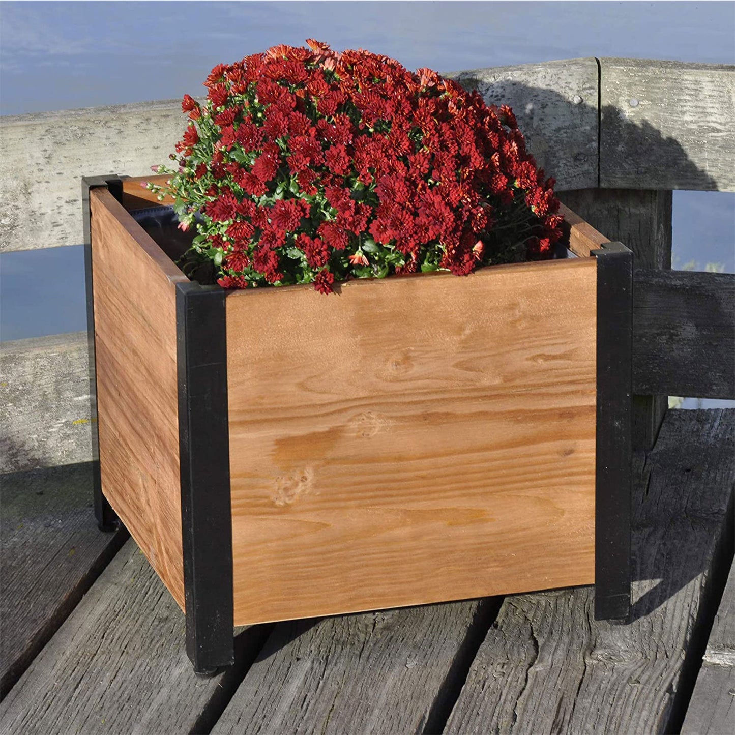 Grapevine 17.2 Inch Wooden Square Urban Raised Garden Planter Box with Liner