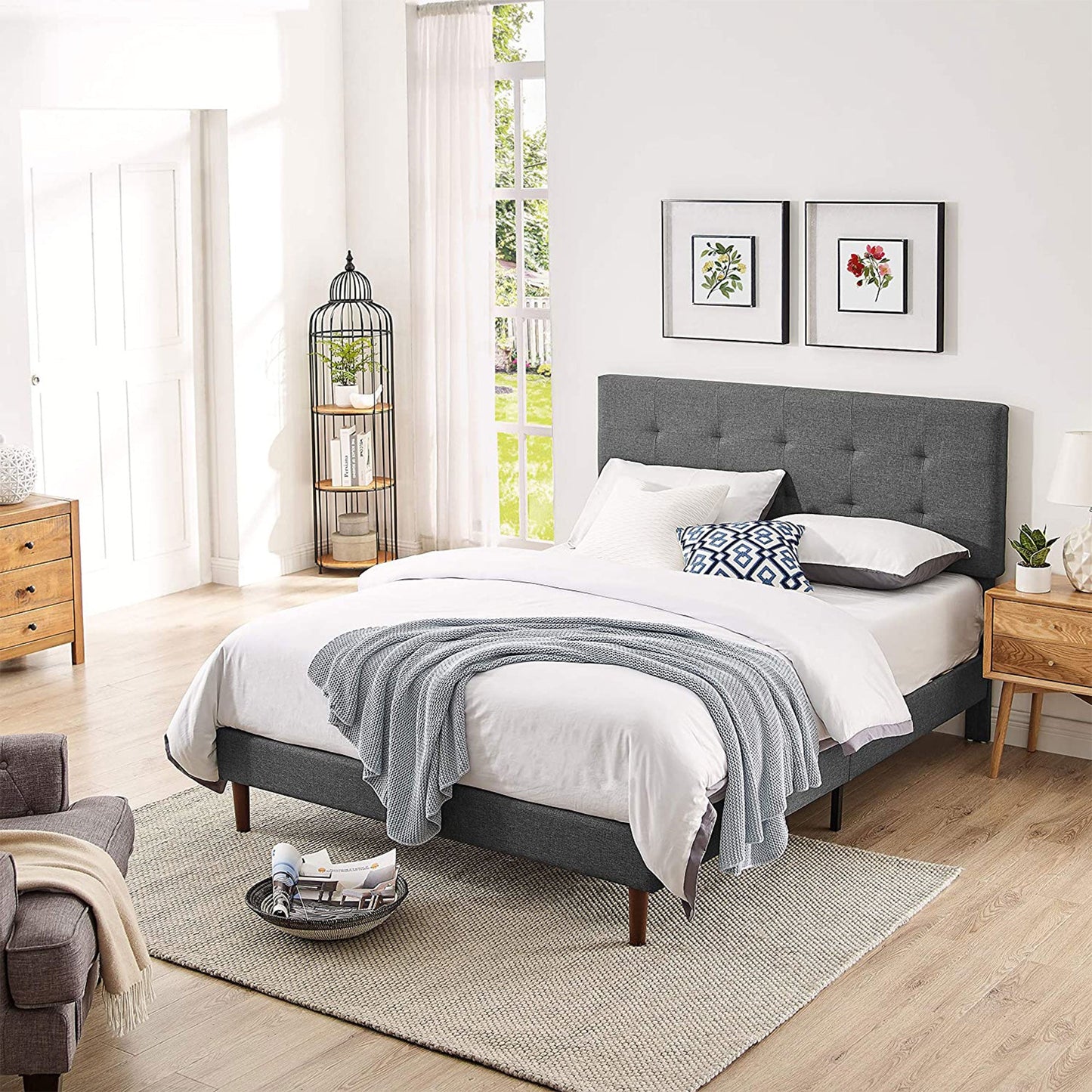 BIKAHOM Upholstered Platform Bed with Square Stitch Headboard, Queen, Dark Grey