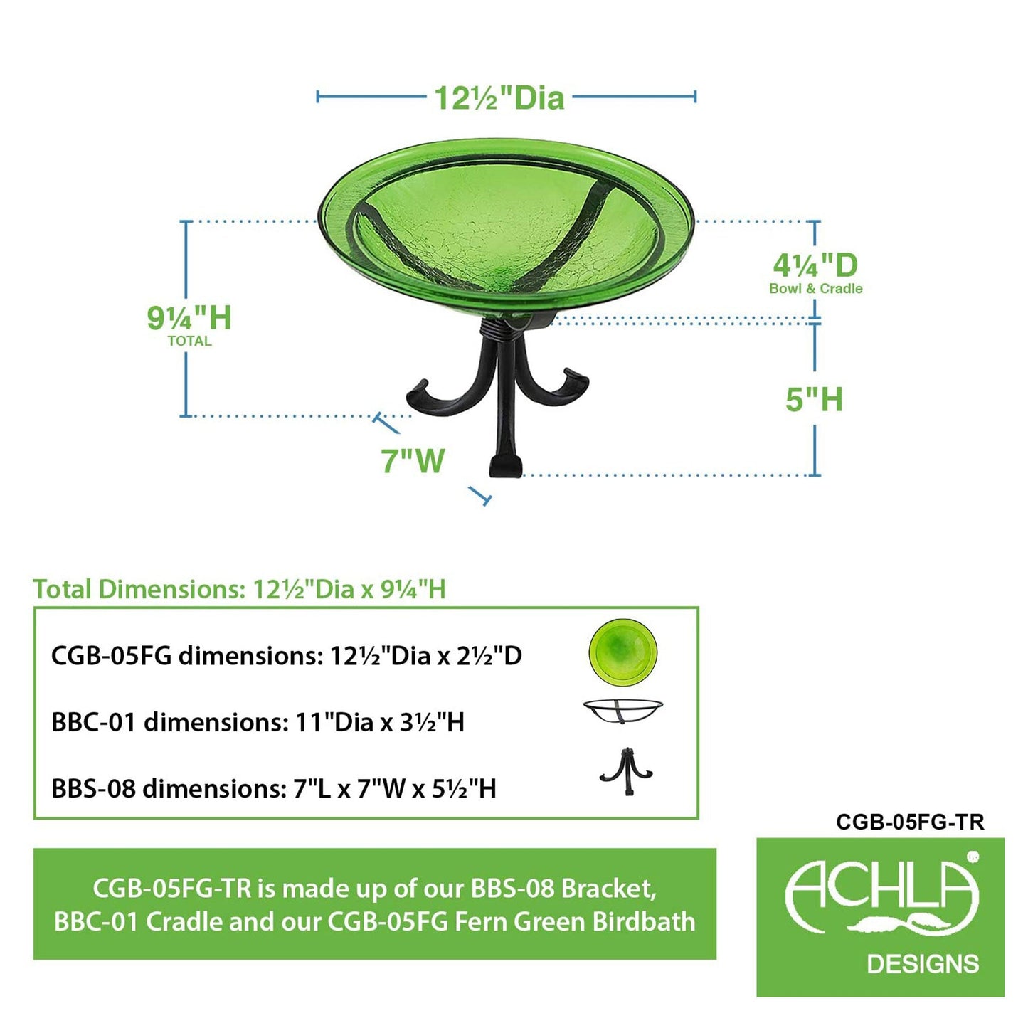 Achla Designs Hand Blown Crackle Glass Garden Birdbath with Tripod Stand, Green