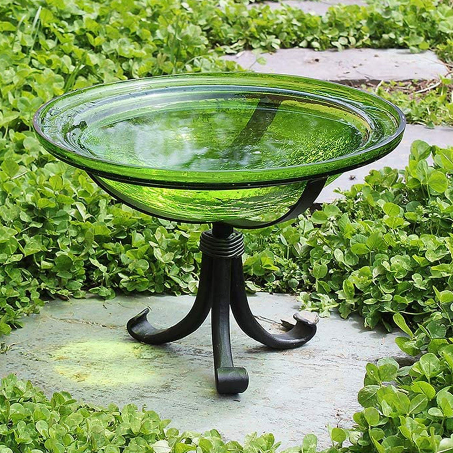 Achla Designs Hand Blown Crackle Glass Garden Birdbath with Tripod Stand, Green