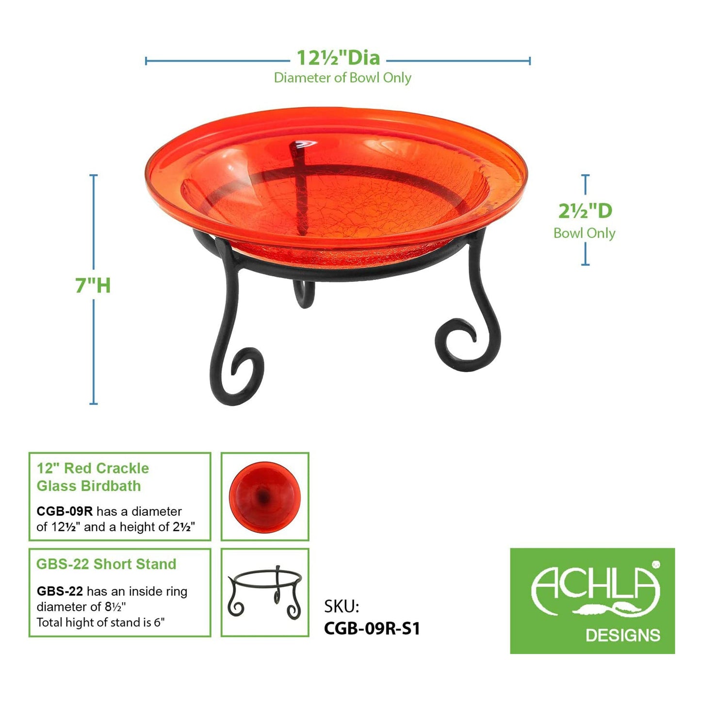 Achla Designs Hand Blown Crackle Glass Garden Birdbath with Stand, Tomato Red