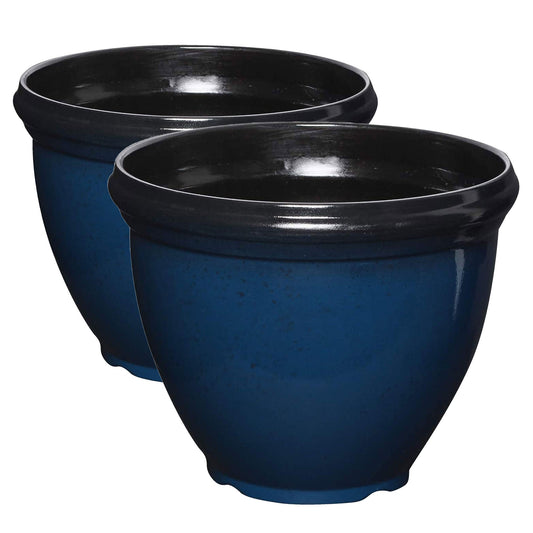 Southern Patio Heritage Outdoor Round Glossy Resin Planter, Monaco Blue (2 Pack)