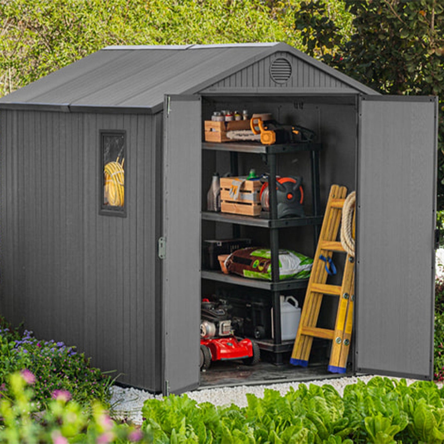 Keter Darwin 6 Foot x 8 Foot Outdoor Garden Tool Storage Shed w/Window, Graphite