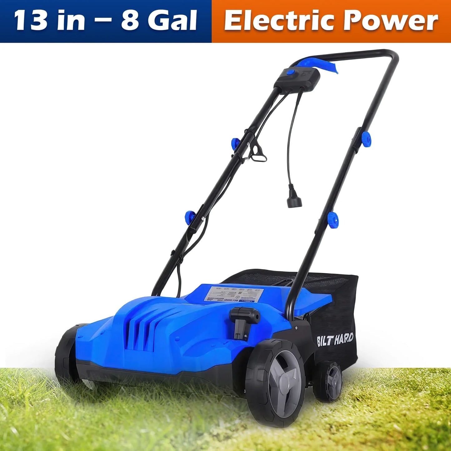 Electric-Powered Dethatcher Scarifier with 12 Amp Copper Motor, 13-inch Raking Width, 8-Gallon Thatch Bag. 2-in-1 Walk-Behind Thatch Removing Machine