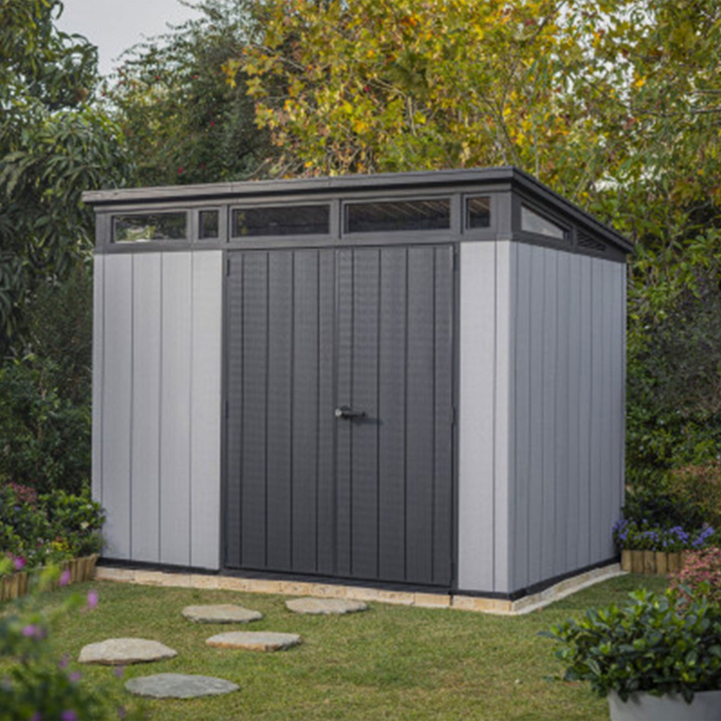 Keter Artisan 9x7 Foot Large Outdoor Shed with Floor with Modern Design, Grey