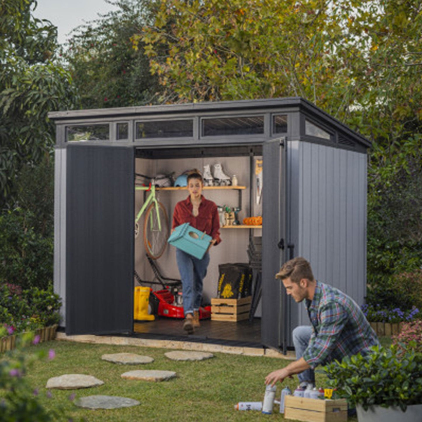 Keter Artisan 9x7 Foot Large Outdoor Shed with Floor with Modern Design, Grey