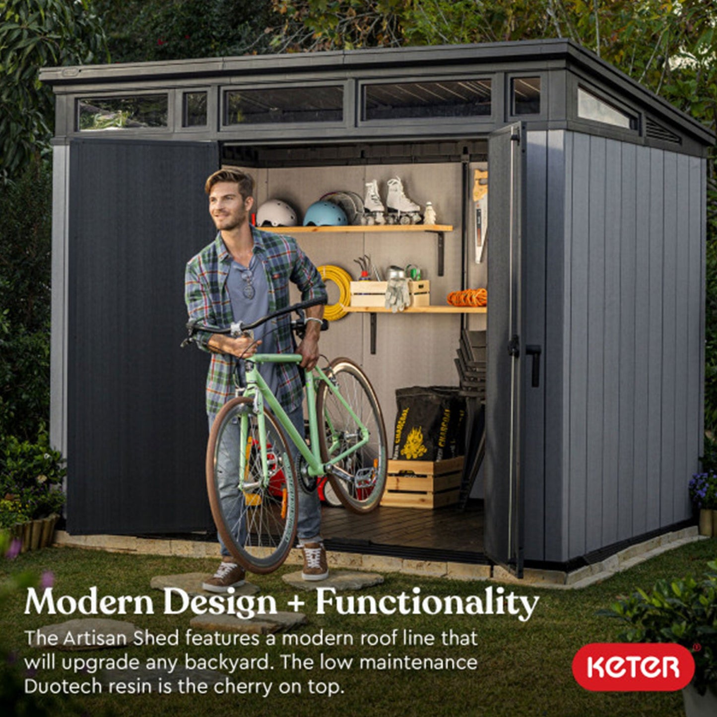 Keter Artisan 9x7 Foot Large Outdoor Shed with Floor with Modern Design, Grey